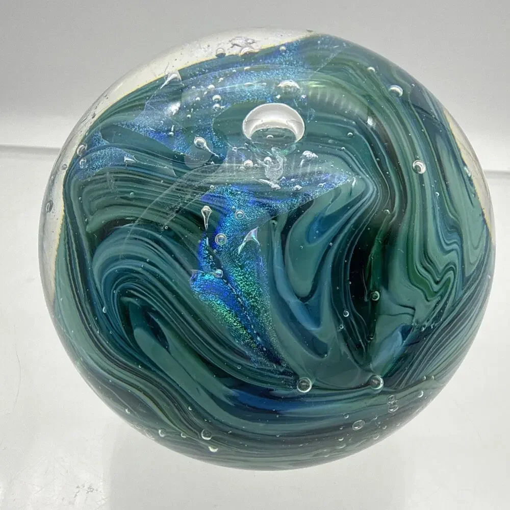 Signed Blue Green Swirl Art Glass Paperweight Control Bubbles Metallic Accents